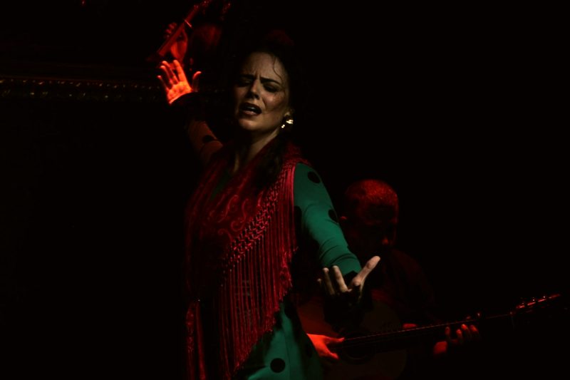 Una artista de verde con mantón rojo de flecos y los brazos en alto, con el guitarrista detrás bajo la luz roja